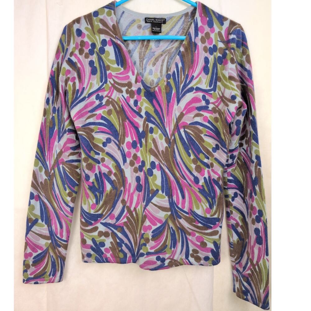 Daniel Bishop 100% cashmere vneck sweater Size L Pink abstract Luxe Preppy Retro